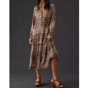 Cloth & Stone Maxi Dress Womens Large Brown Tie Dye Tiered Long Sleeve NWT